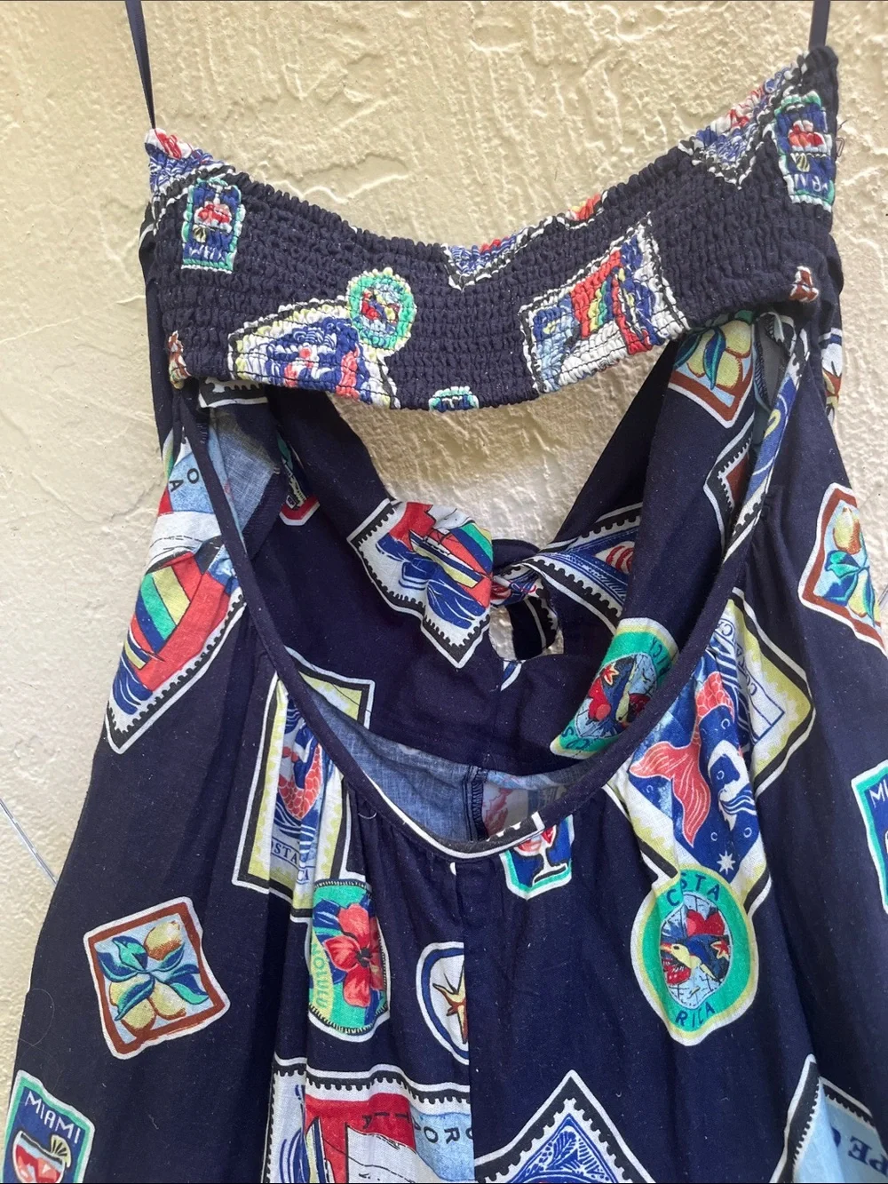 Anthropologie Navy Multicolor Travel-Stamp Wide-Leg Jumpsuit